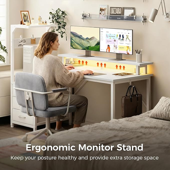 AODK 59 Inch Gaming Desk with USB Charging Ports & LED Light- Reversible Computer Desk with Storage Shelves & Monitor Stand, Modern Gamer Desk Table with Fabric Drawers & Side Hook, Carbon Fiber White