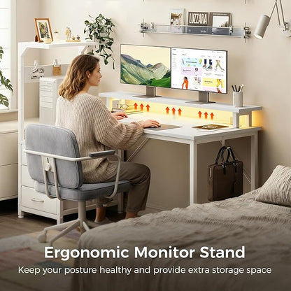 AODK 59 Inch Gaming Desk with USB Charging Ports & LED Light- Reversible Computer Desk with Storage Shelves & Monitor Stand, Modern Gamer Desk Table with Fabric Drawers & Side Hook, Carbon Fiber White