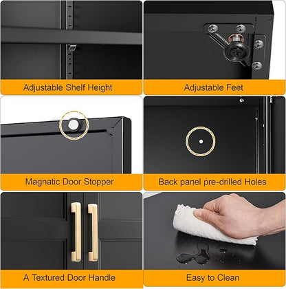 71" Tall Kitchen Storage Cabinet with Gold Handles, Metal Pantry Cabinets with 2 Doors, Food Pantry, Adjustable Shelves, Black Freestanding Pantry Cupboard for Dining, Kitchen, Living Room