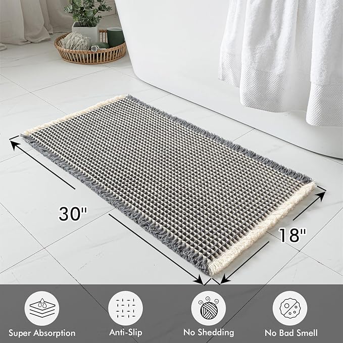 MIULEE Set of 2 Waffle Bathroom Rugs, Boho Bath Rugs Non Slip Washable, Super Absorbent Bath Mats, Ultra Soft Rubber Backed Shower Mats for Bathroom Floor, Tub, Dark Grey & Yellow, 18x30 Inch