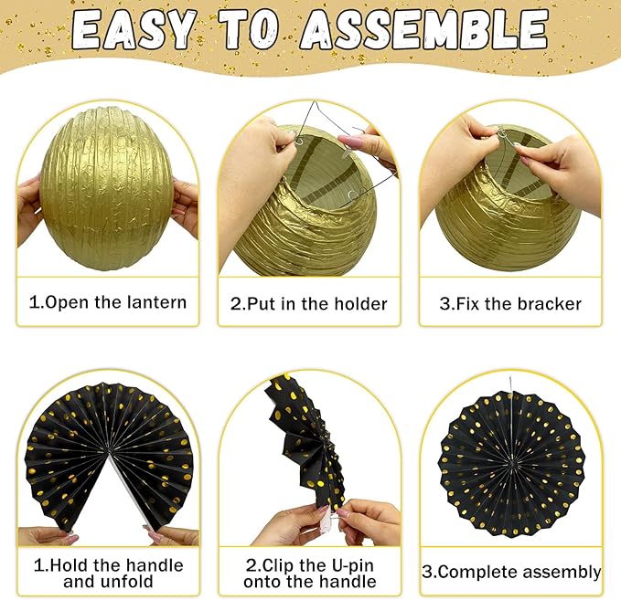 14Pcs Black and Gold Party Decorations, Hanging Paper Lanterns Fans Tissue Flower Pom Poms for Men 50th 60th Birthday Graduation New Years Eve Party Supplies New Years Decorations