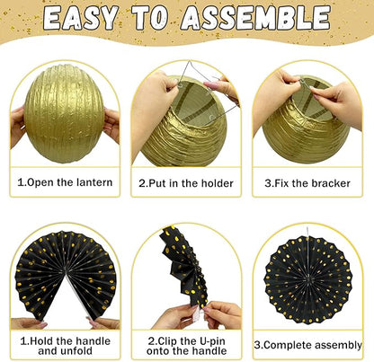 14Pcs Black and Gold Party Decorations, Hanging Paper Lanterns Fans Tissue Flower Pom Poms for Men 50th 60th Birthday Graduation New Years Eve Party Supplies New Years Decorations