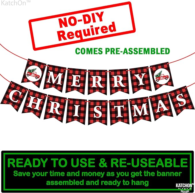 KatchOn, Merry Christmas Banner for Mantle- Large, 10 Feet, No DIY | Red and Black Christmas Fireplace Banner | Buffalo Plaid Christmas Decorations Indoor | Xmas Party Decorations | Xmas Decorations