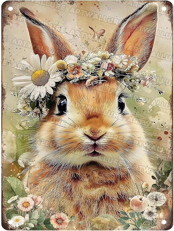 Easter Bunny Rabbit Tin Sign Vintage Metal Decor for Bedroom garen Living Room Kitchen Wall Decor Rabbit Art Gift 12x16Inch