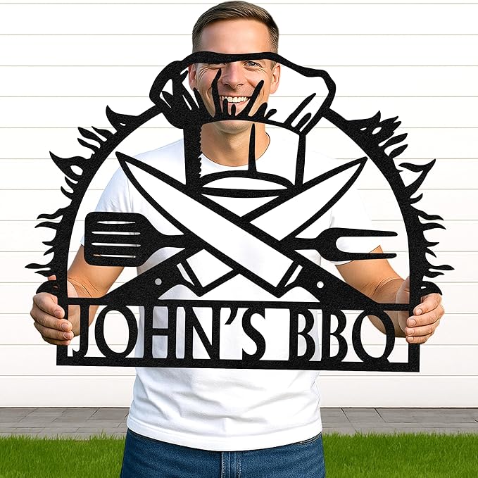 Custom BBQ Grill Name Sign, Personalized Metal Cut Wall Art for Outdoor Patio, Rustic Backyard Barbecue Kitchen Decor