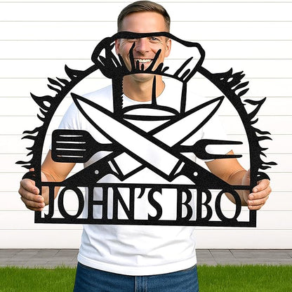 Custom BBQ Grill Name Sign, Personalized Metal Cut Wall Art for Outdoor Patio, Rustic Backyard Barbecue Kitchen Decor