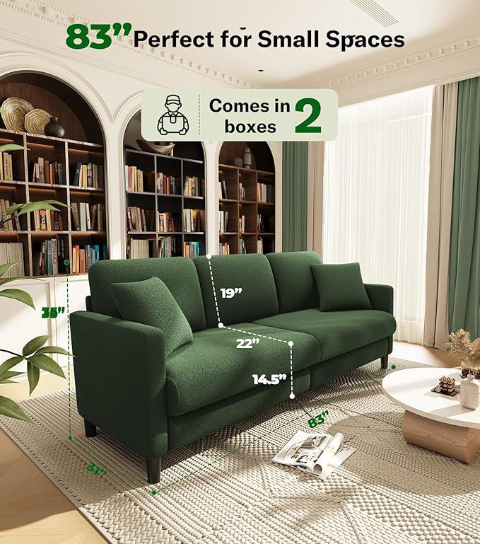 83" Couches for Living Room, Comfy Sofas for Living Room, Teddy Sofa Couch, Tool-Free Setup Loveseat Sofa, All-Wood Love Seat Couches, Small Couch 2 Pillows Included, Green