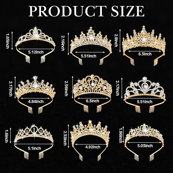 Zeyune 9 Pcs Tiaras and Crowns for Women Bulk Crystal Princess Tiara Rhinestone Brides Crown with Combs for Wedding Birthday Quinceanera Pageant Prom Hair Accessories(Gold)