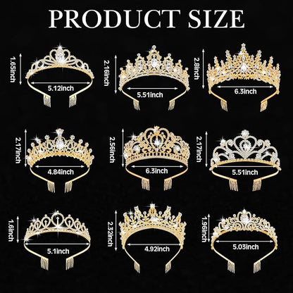 Zeyune 9 Pcs Tiaras and Crowns for Women Bulk Crystal Princess Tiara Rhinestone Brides Crown with Combs for Wedding Birthday Quinceanera Pageant Prom Hair Accessories(Gold)