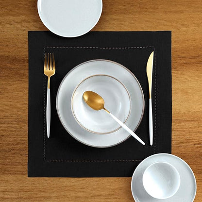 Solino Home Linen Square Placemats Set of 4-100% Pure Linen Black Cloth Placemats 14 x 14 Inch - Classic Hemstitch, Machine Washable Place Mats for Fall, Autumn, Winter, Christmas, New Year