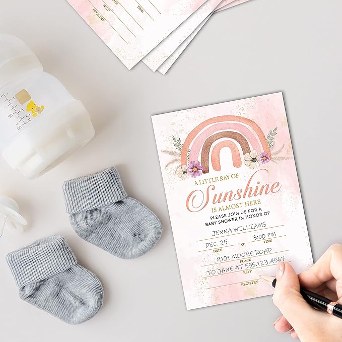 25 Boho Rainbow Baby Shower Invitation Cards With Envelopes (4" x 6") - Sunshine Baby Gender Reveal Party Invites For Adults Kids - Gender Neutral Baby Shower Party Decorations Supplies(YQK-B16)