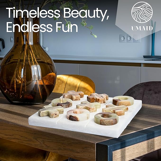 UMAID Luxury Marble Tic Tac Toe Game, Handcrafted 10" Onyx Board in Velvet Box, Solid Marble Set, Each Piece is Unique, Elegant Coffee Table or Office Decor, Unique Gift for Men, Women, Game Lovers