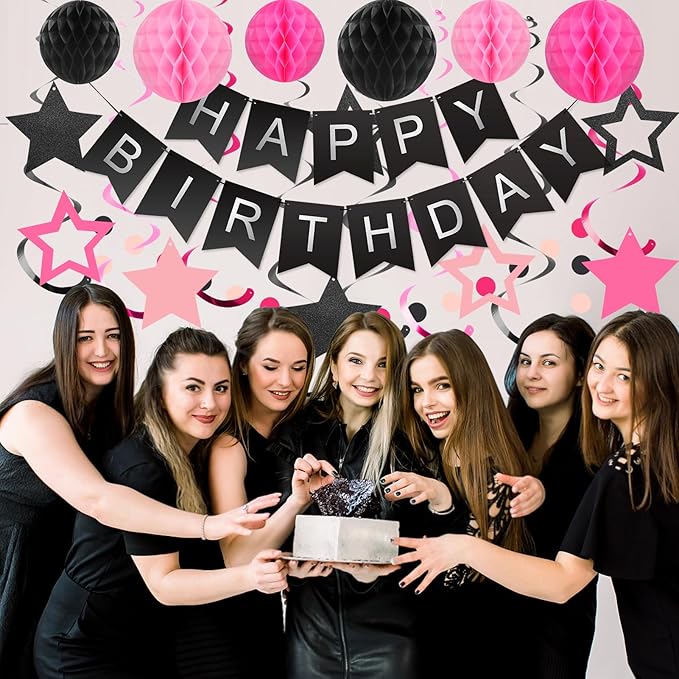 meowtastic Birthday Decorations, Happy Birthday Banner with Honeycomb Ball, Stars Hanging Swirl Streamer, Circle Dots Garland, Happy Birthday Party Decorations for Women Men Boys Girls (Black & Pink)