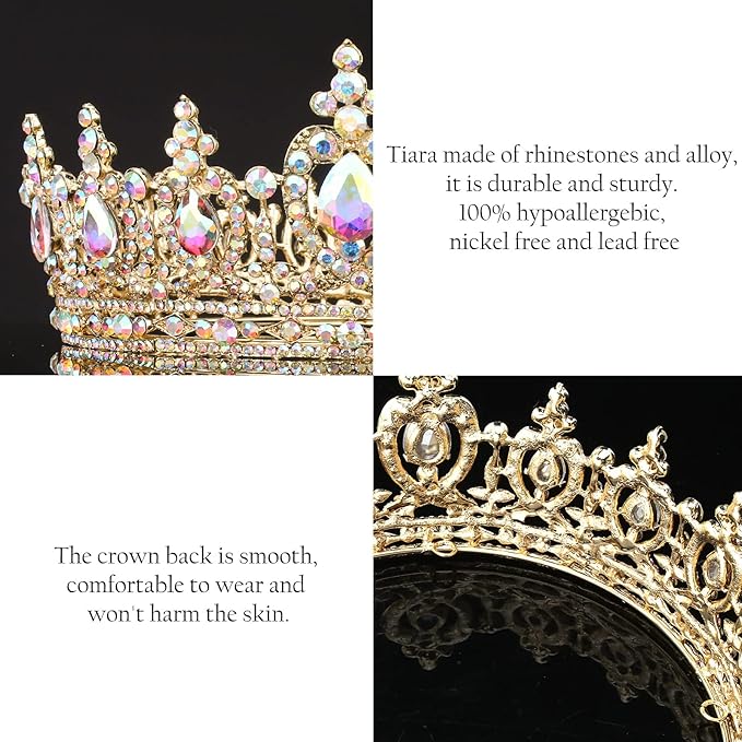 COCIDE Gold Queen Crown for Women Crystal Tiara and Crown for Girl Rhinestones Hair Accessories for Wedding Bride Birthday Party Prom Bridal Bridesmaid (Aurora Borealis + Gold Tiara)