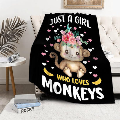 Just A Girl Who Loves Monkeys Blanket Lightweight Cozy Flannel Fleece Throw Blanket Best Gift Home Decor for Bed Couch Outdoor Camping 80"x60" Queen for Adults