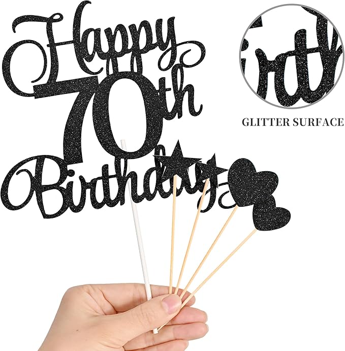 70th Birthday Cake Decorations, 70th Birthday Candles Cake Numeral Candles and Glitter Happy 70th Birthday Cake Toppers Set for Birthday Party Supplies (Black)