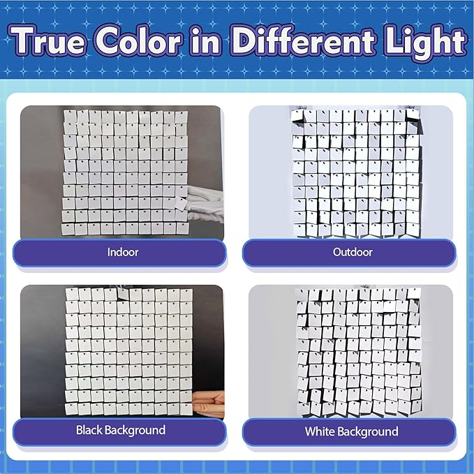Qcity Matte White Sequin Wall Backdrop 36PCS, Black Back Not See-Through Design, Square Sequin Glitter Backdrop Panel, Perfect for Outdoor Events, Birthdays, Wedding and Party Decoration