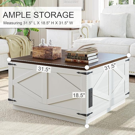 Farmhouse Lift Top Coffee Table, Square Wood Center Table with LED Lighting, USB-C Charging Station, and Hidden Storage Compartment - Rustic White & Oak Living Room Furniture