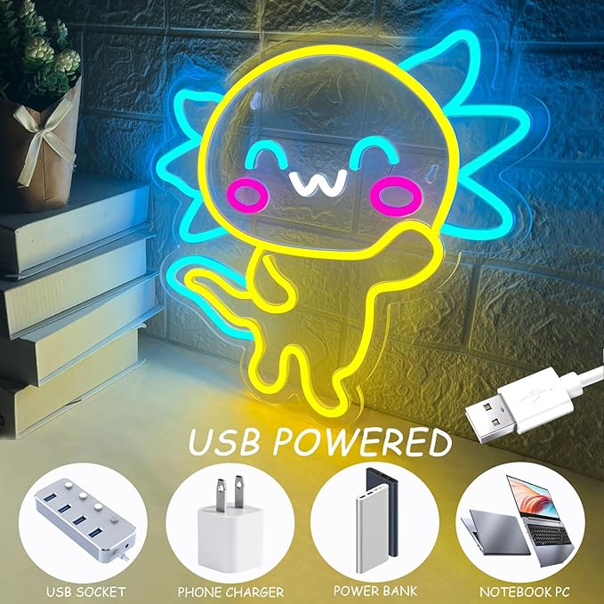 Axolotl Neon Sign, LED Anime Neon Signs, Kawaii Sign Light Present for Wall Decor, Dimmable/USB Powered Axolotl Neon Light for Children Room Dorm Decor Girls Birthday Party Christmas