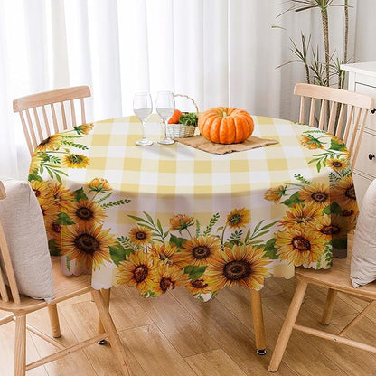 Eikione Sunflower Round Tablecloth 70inch, Fall Gingham Tablecloth Waterproof and Wrinkle-Free, Wild Flower Rustic Table Covers, Fall Decorations for Home
