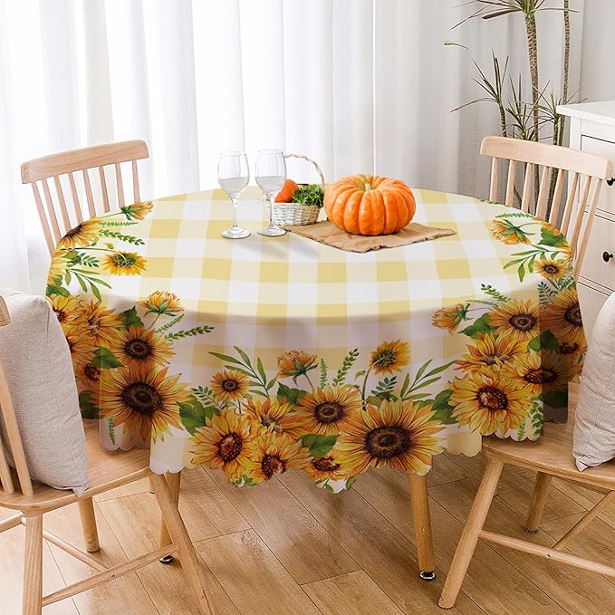 Eikione Sunflower Round Tablecloth 60inch, Fall Gingham Tablecloth Waterproof and Wrinkle-Free, Wild Flower Rustic Table Covers, Fall Decorations for Home