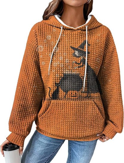 Halloween Sweatshirts for Women Novelty Graphic Drawstring Waffle Hoodies Loose Casual Pullover Tops with Pocket