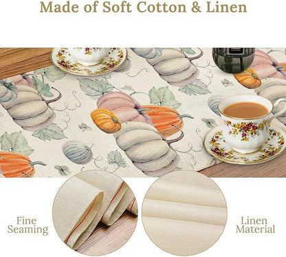 Fall Pumpkin Table Runner Vintage Leaves Plant Motifs Thanksgiving Theme Watercolor Illustration Home Decor for Farmhouse Indoor Outdoor Party Holiday Dining Kitchen Restaurant Cafe W13xL36in