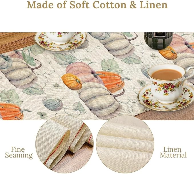 Fall Pumpkin Table Runner Vintage Leaves Plant Motifs Thanksgiving Theme Watercolor Illustration Home Decor for Farmhouse Indoor Outdoor Party Holiday Dining Kitchen Restaurant Cafe W13xL120in