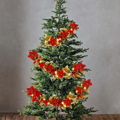 Glintoper Christmas Poinsettia Garland, 5.9 FT Lighted Artificial Garlands with 36 Red Flowers, Battery Operated with Timer Poinsettia String Lights, Light up for Xmas New Year Home Decor