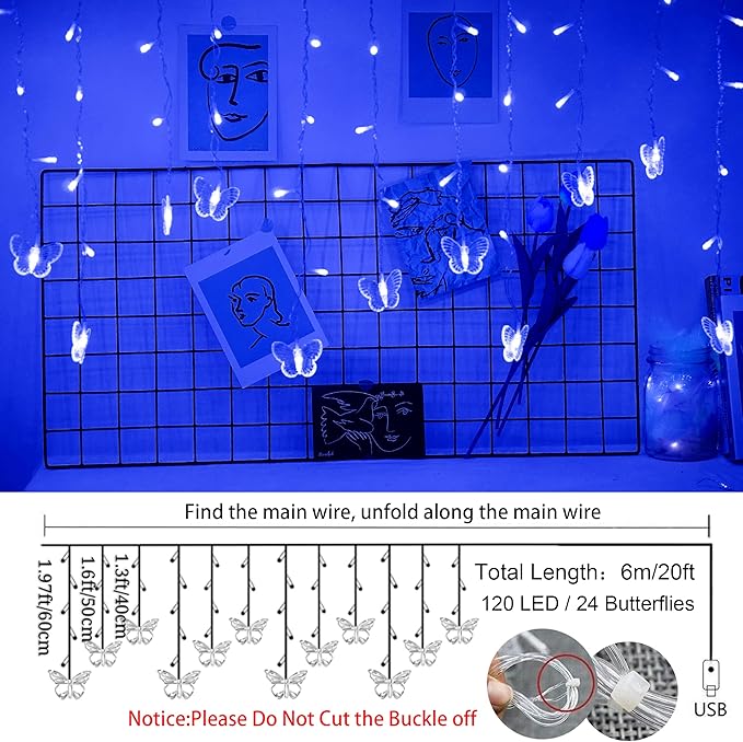 Blue Butterfly Curtain Fairy Lights USB Plug in,120 LED 8 Modes 20FT Firefly Twinkle Icicle String Lights with Remote Timer Waterproof for Bedroom Christmas Wedding Party Dorm Decor