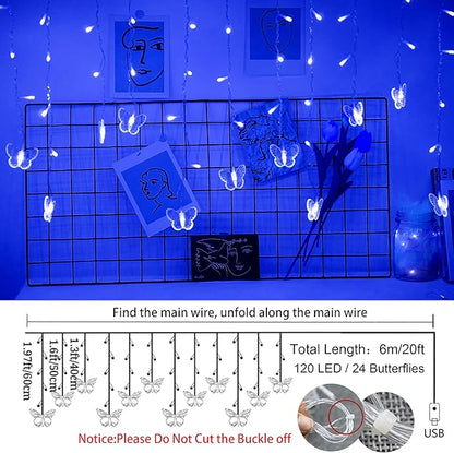 Blue Butterfly Curtain Fairy Lights USB Plug in,120 LED 8 Modes 20FT Firefly Twinkle Icicle String Lights with Remote Timer Waterproof for Bedroom Christmas Wedding Party Dorm Decor