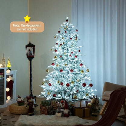 GOFLAME 6FT Pre-Lit Christmas Tree Snow Flocked, Hinged Artificial Xmas Tree with 661 Branch Tips, 500 Cold White LED Lights, 3 Lighting Modes, Timer, Remote, Holiday Decoration Tree for Home Party