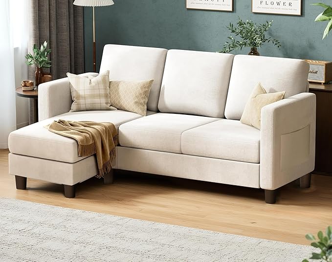VICTONE Convertible Sectional Sofa Couch, 3 Seat L-Shaped Sofa with Linen Fabric Ottoman Small Couch for Small Apartments, Living Room and Office (Linen Fabric, White)