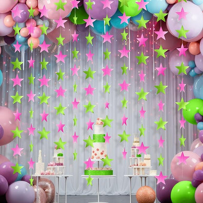 Patelai Glitter Star Garland Banner Christmas Decor 130 Feet Star Hanging Bunting Banner Twinkle Backdrop for Homecoming Classroom Wedding Birthday Halloween Party Supplies(Pink,Green)