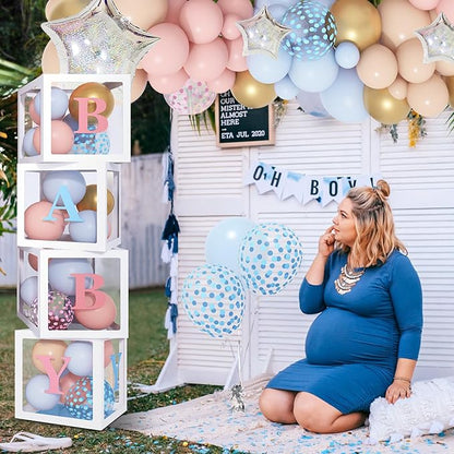 Amandir 164PCS Gender Reveal Balloon Boxes Decorations, Pink and Blue Balloon Garland Kit 4pcs Boxes with Letters (A-Z+Baby) for Baby Shower Birthday He or She Gender Reveal Party Supplies