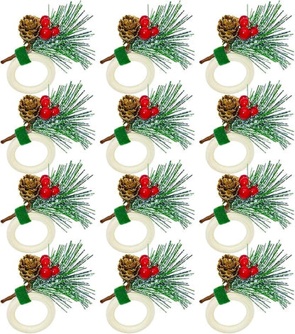 WINGFISH Christmas Napkin Rings Set of 12 Snowy Pine Cone Poinsettia Red Berry Wooden Napkin Rings Christmas Napkin Holders Decor for Xmas Holiday Party Gathering Dinner