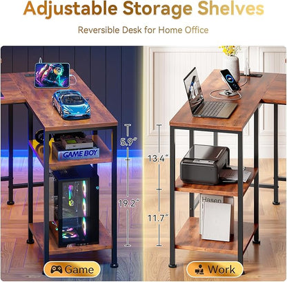 Furologee L Shaped Computer Desk with Power Outlet, Reversible Home Office Desk for Work Study, 50 Inch Corner Gaming Table with File Drawer, Monitor Stand, Storage Shelves, Rustic Brown
