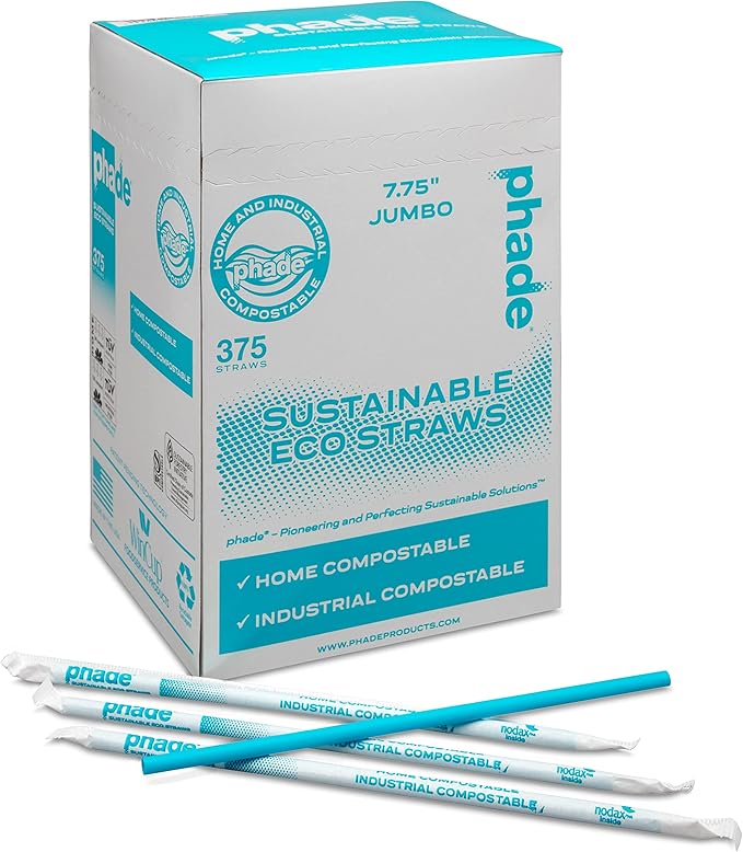 phade Eco-Friendly 7.75" 375 Count Jumbo Drinking Straws - Sustainable Marine Biodegradable Compostable Individually Wrapped, 1 Pack