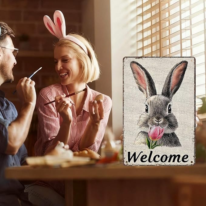 Easter Bunny Tin Sign Retro Tulips - Fun and Metal Sign for Homes Bedrooms Gardens Hallways Parties Spring Decorations 8x12Inch