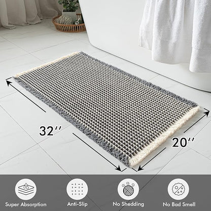 MIULEE Set of 2 Waffle Bathroom Rugs, Boho Bath Rugs Non Slip Washable, Super Absorbent Bath Mats, Ultra Soft Rubber Backed Shower Mats for Bathroom Floor, Tub, Dark Grey & Yellow, 20x32 Inch