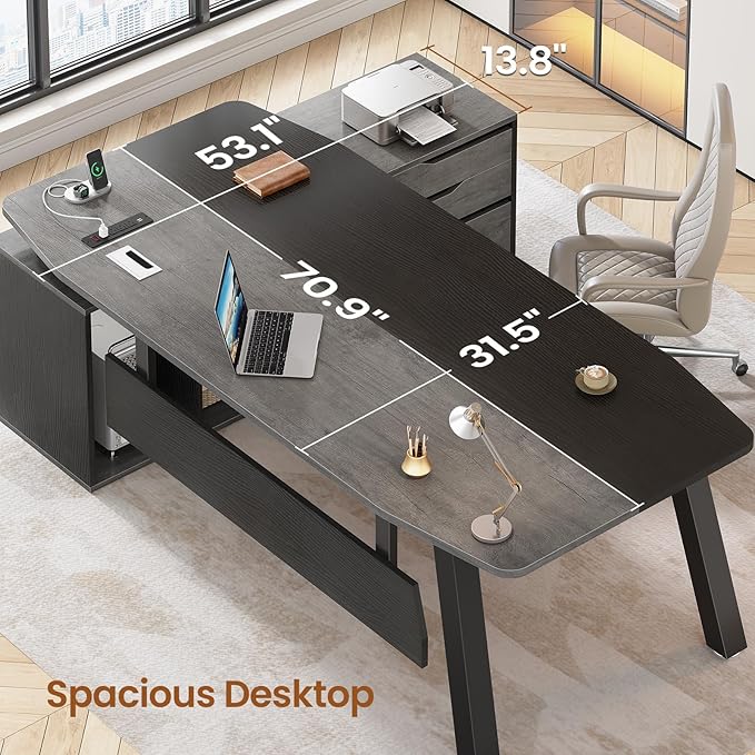 SEDETA 71" Executive Desk with File Cabinet, Large Office Desk with Drawers and Shelves, L Shaped Computer Desk with Power Outlets, Business Furniture Desk Workstation for Home Office, Gray