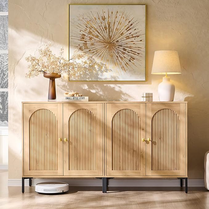 Modern Buffet Cabinet with Storage, 61.75" W Fluted Arched Sideboard Cabinet w/Adjustable Shelves, Wooden Modular Coffee Bar for Dining Room, Kitchen, Living Room, Entryway, Natural