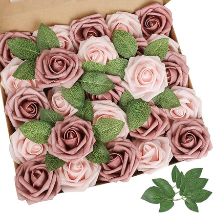 AmyHomie Artificial Flower Warm Taupe & Nude Rose 25pcs Real Looking Fake Roses w/Stem for DIY Wedding Bouquets Centerpieces Arrangements Party Baby Shower Valentines Day Christmas Tree Decorations