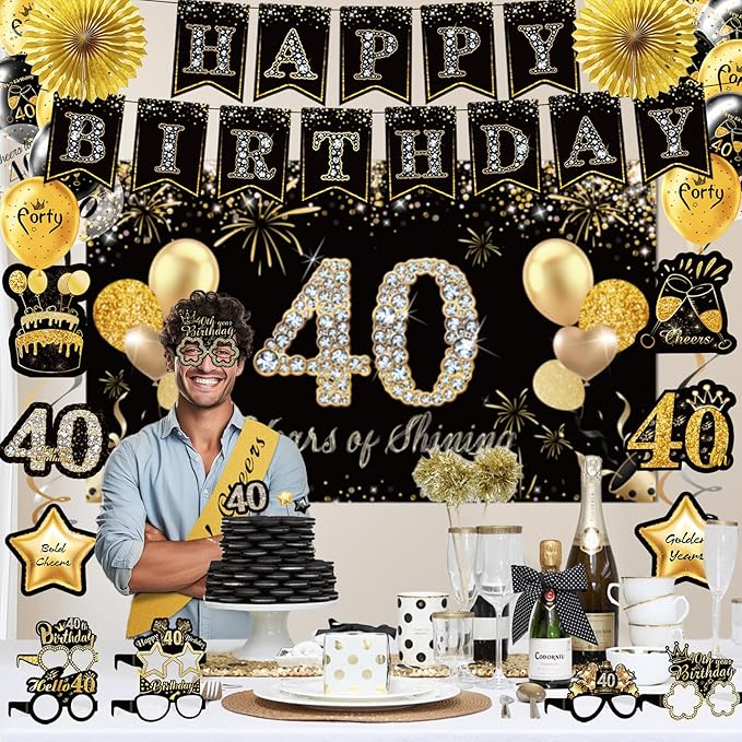 40th Birthday Decorations,39pcs-40th Birthday Decorations for Men & Women,Black Gold 40th Birthday Eyeglasses Decorations Banner Balloons Backdrop Hanging Swirls Paper Fans ,1985 Banner Party Supplies