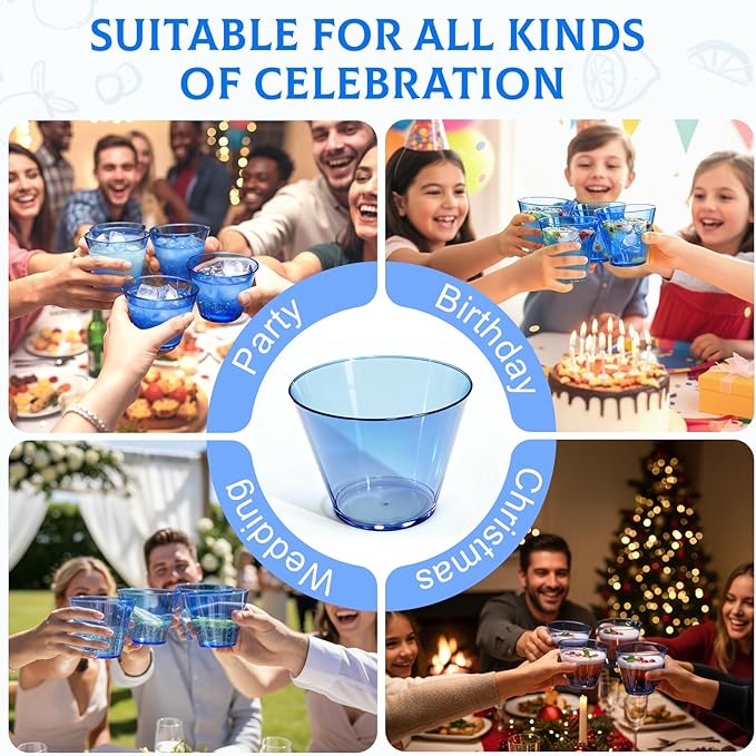 150 Pack Plastic Cups 9 oz Royal Blue Clear Plastic Cups for Cocktail Fancy Disposable Cup for Party Stemless Wine Glasses for Wedding Thanksgiving Christmas Party Graduation