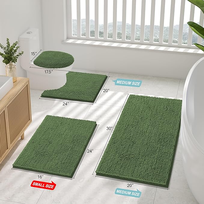 Smiry Luxury Chenille Bathroom Rugs 36x24, Extra Soft and Absorbent Shaggy Bath Mat, Machine Washable, Non-Slip Plush Carpet Runner for Tub, Shower, and Floor, Home Decor Accessories, Olive Green