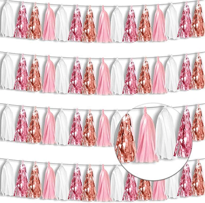 4P Rose-Gold Pink White Foil Fringe Tassel Banner Garland Metallic Tinsel Streamers Wall Hanging Curtain Backdrop for Parade Floats, Graduation 2024, Wedding, Birthday, Retirement Party Decorations