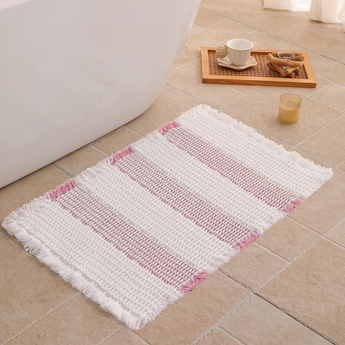 Waffle Bath Mat Non Slip, Boho Bathroom Rug, Super Absorbent Quick Dry Bathroom Mat, Soft Farmhouse Bath Rug with Tassels, Small Washable Shower Mats for Floor 16"x24", White and Pink