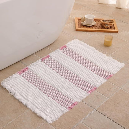 Waffle Bath Mat Non Slip, Boho Bathroom Rug, Super Absorbent Quick Dry Bathroom Mat, Soft Farmhouse Bath Rug with Tassels, Small Washable Shower Mats for Floor 16"x24", White and Pink