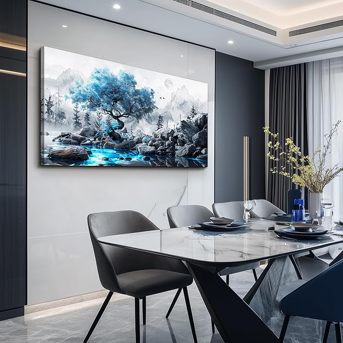 FUHUAHAI Canvas Wall Art For Living Room Framed Wall Decor For Bedroom Modern Office Decoration Black And White Ink Landscape Painting Blue Tree Wall Pictures Artwork Ready To Hang Home Decor 20x40